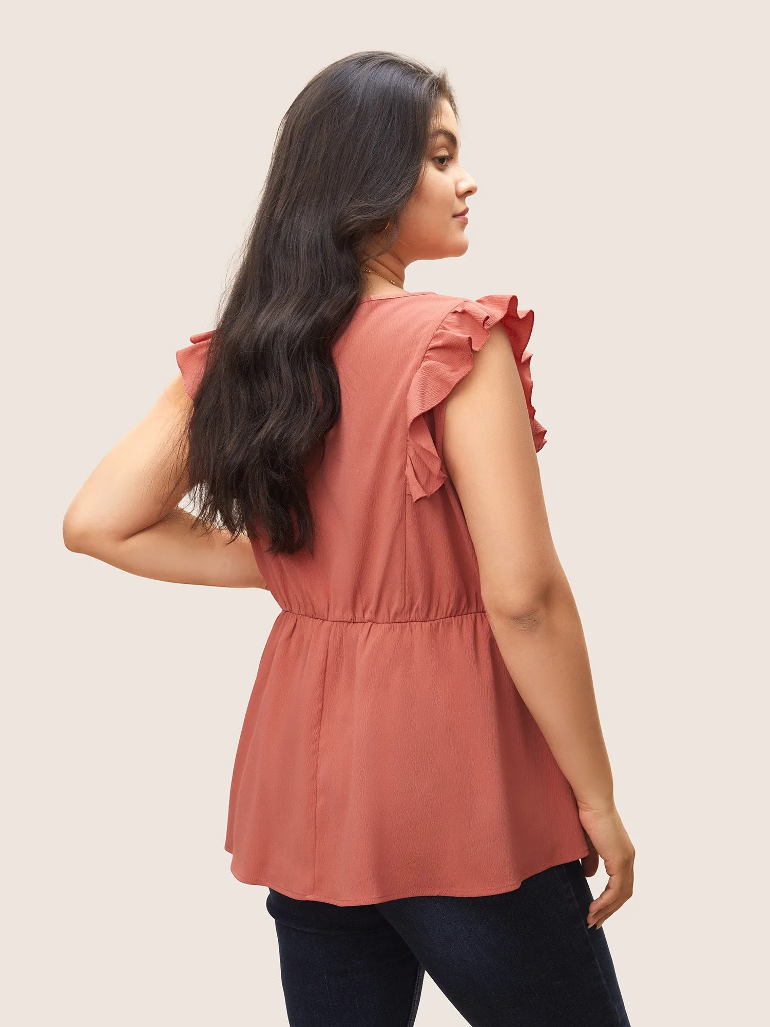Deep V Neck Ruffles Button Detail Gathered Tank Top sold by Bloomchic product image thumbnail 4
