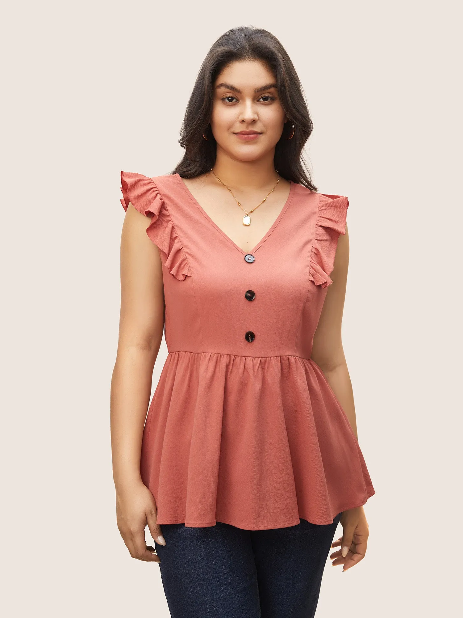 Deep V Neck Ruffles Button Detail Gathered Tank Top sold by Bloomchic