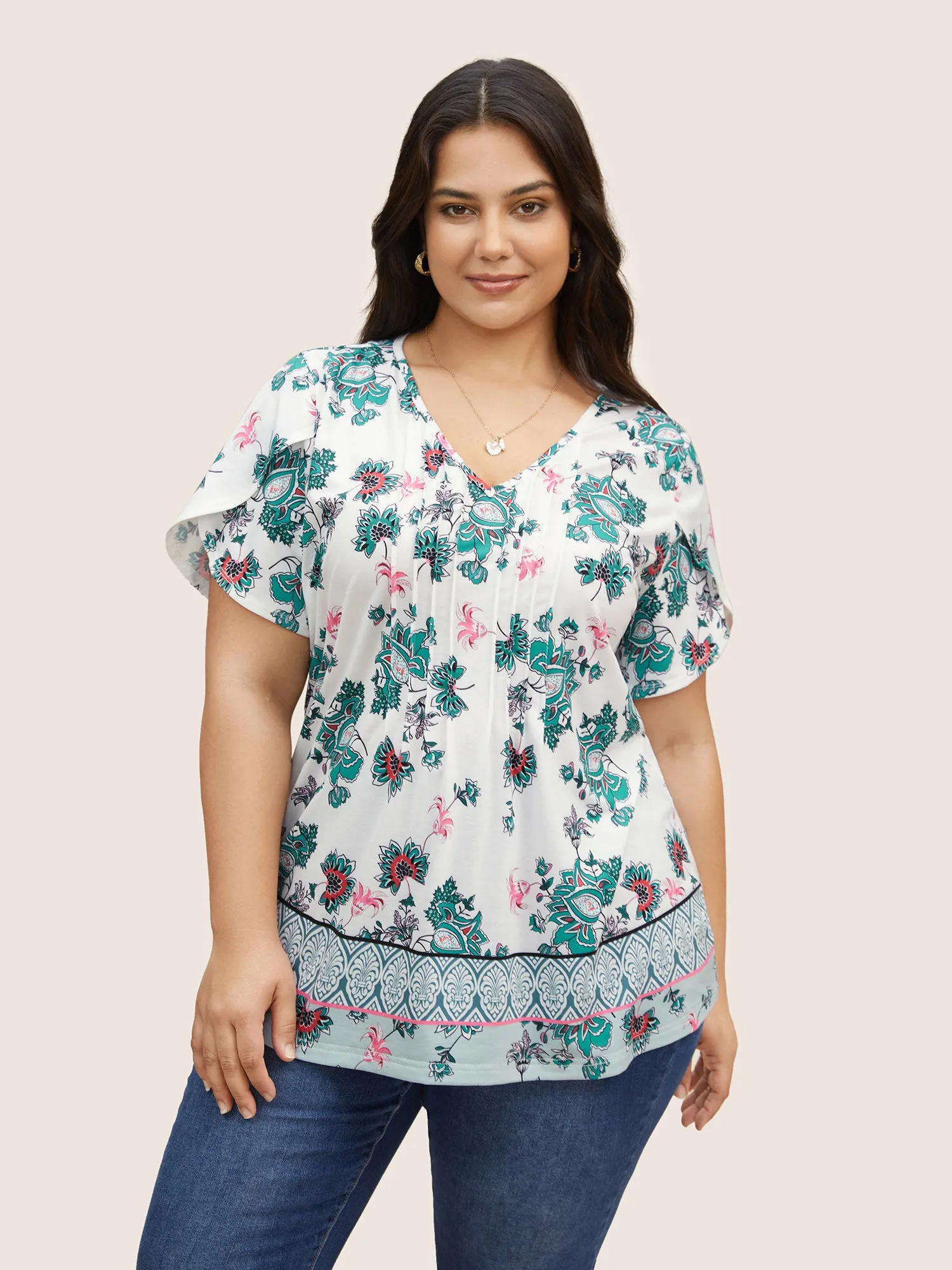 Boho Print Pleated Petal Sleeve T-shirt sold by Bloomchic