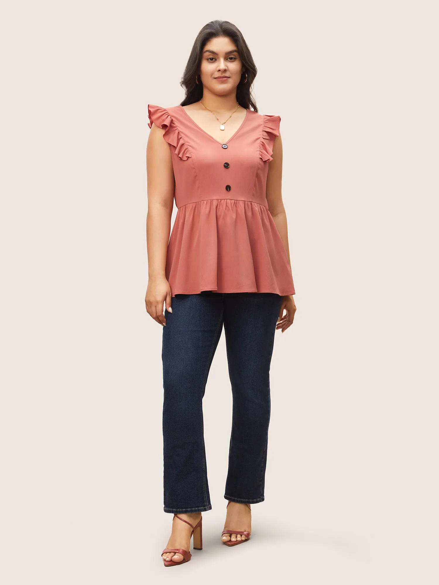 Deep V Neck Ruffles Button Detail Gathered Tank Top sold by Bloomchic product image thumbnail 2