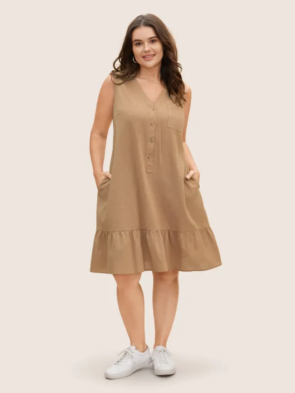 Cotton Shirt Collar Button Detail Patched Pocket Dress sold by Bloomchic