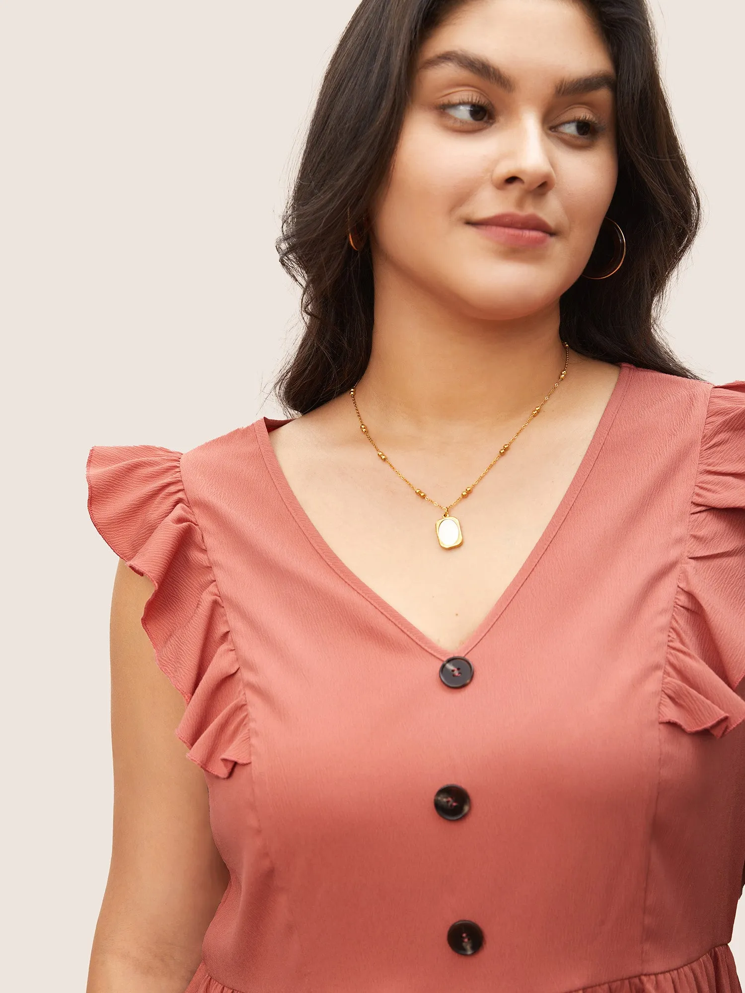 Deep V Neck Ruffles Button Detail Gathered Tank Top sold by Bloomchic product image thumbnail 3