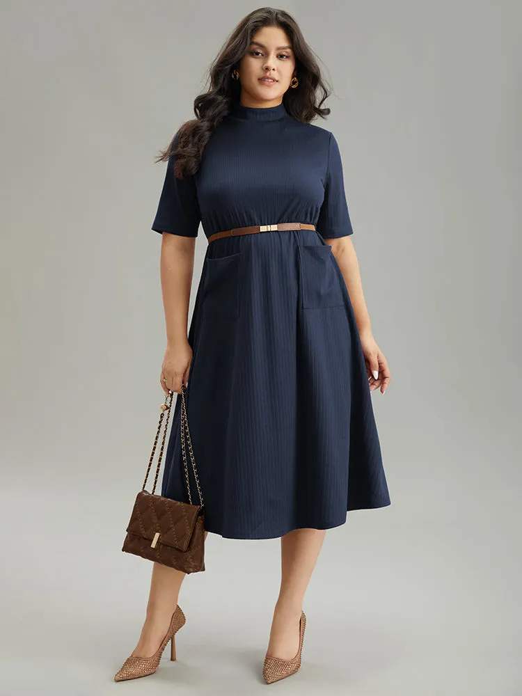 Solid Rib Knit Mock Neck Pocket Dress sold by Bloomchic