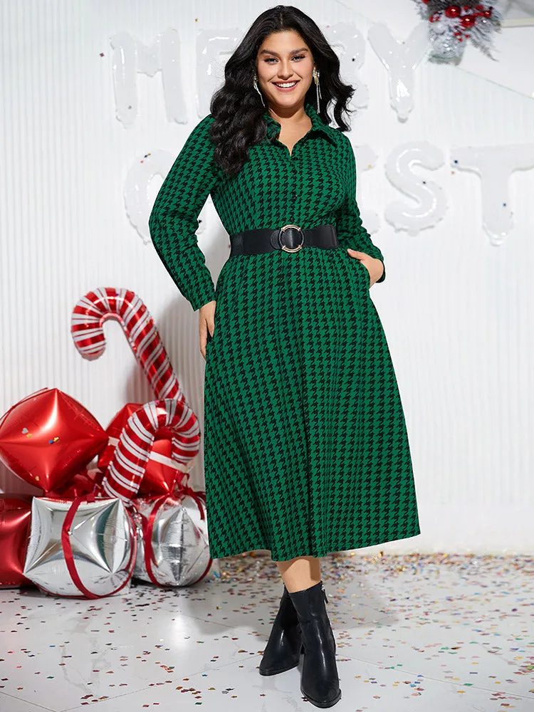 Houndstooth Pocket Button Up Elastic Waist Dress sold by Bloomchic