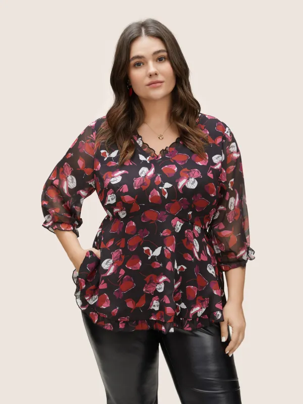 Floral Mesh Patchwork Ruffle Trim Blouse sold by Bloomchic