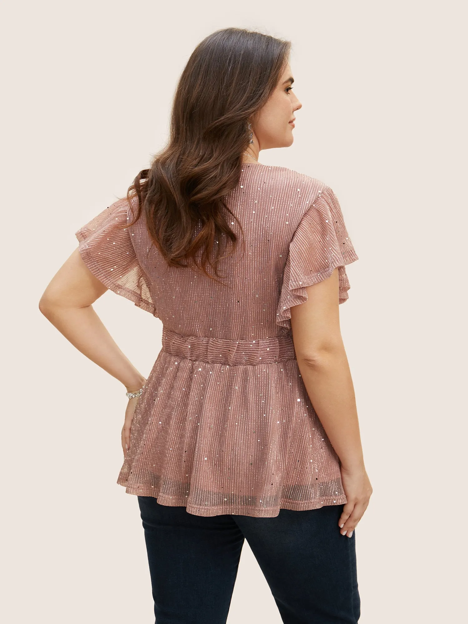 Glitter Mesh V Neck Ruffle Cap Sleeve Blouse sold by Bloomchic product image thumbnail 4