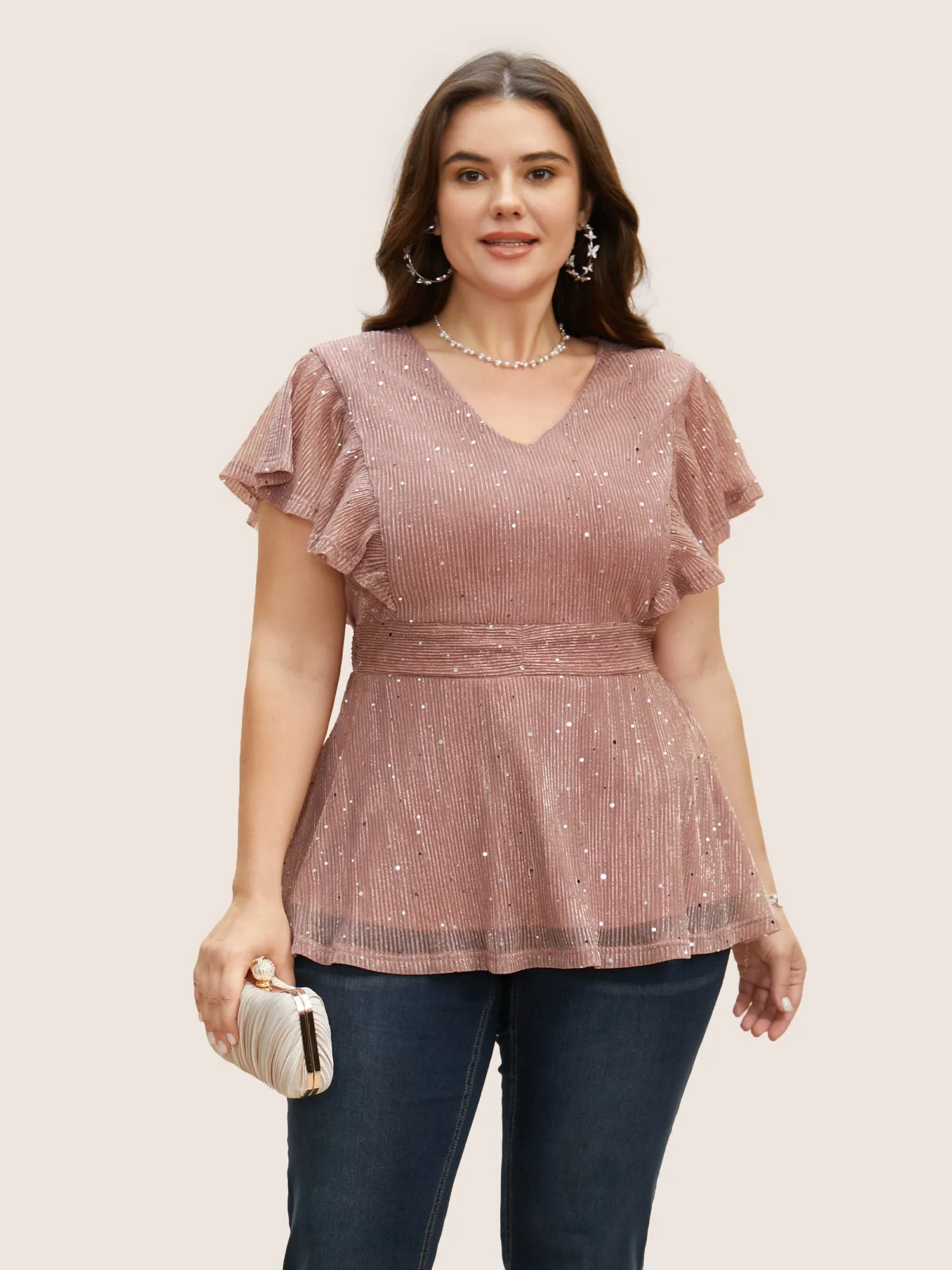 Glitter Mesh V Neck Ruffle Cap Sleeve Blouse sold by Bloomchic product image thumbnail 2