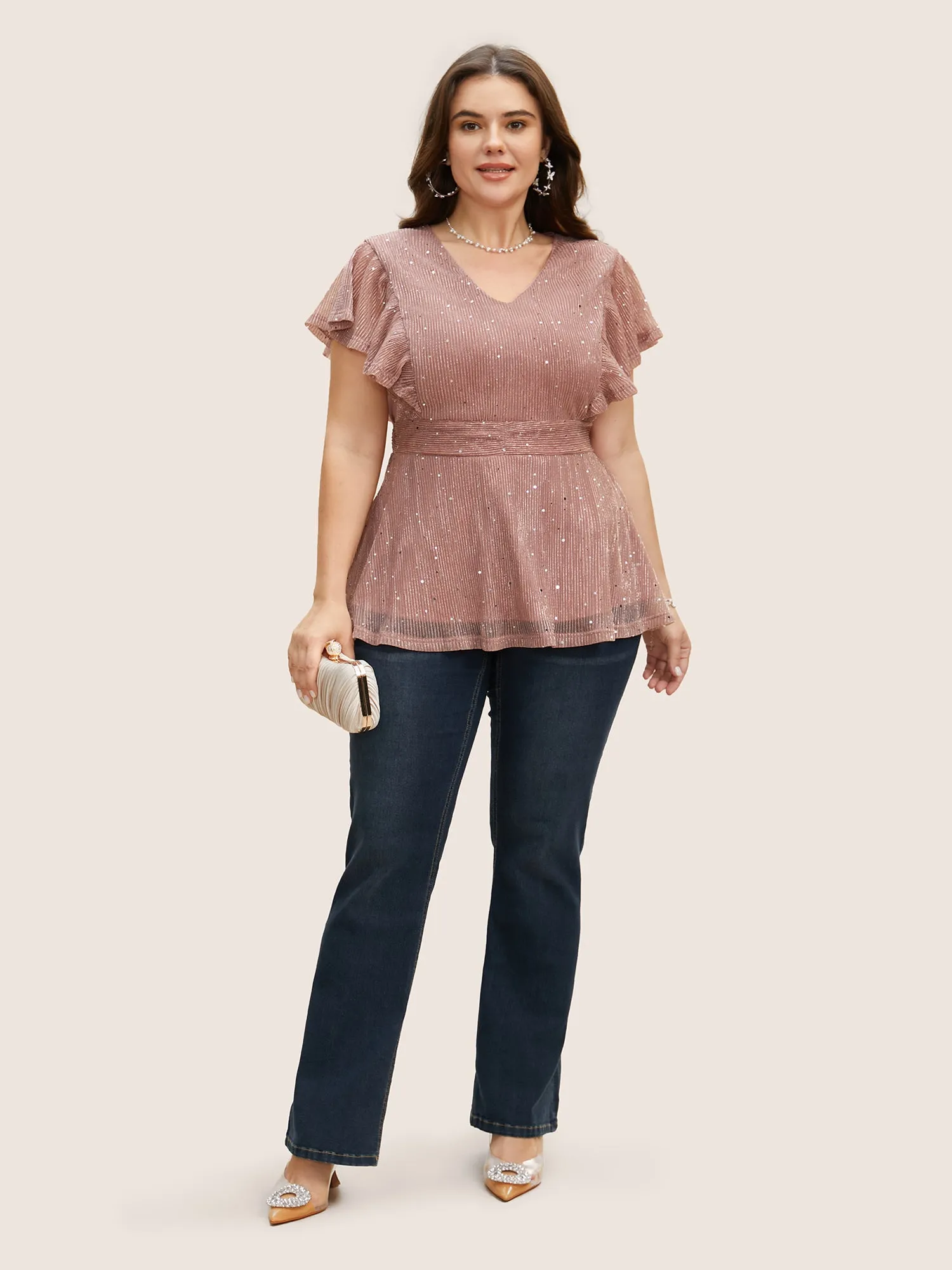 Glitter Mesh V Neck Ruffle Cap Sleeve Blouse sold by Bloomchic product image thumbnail 3
