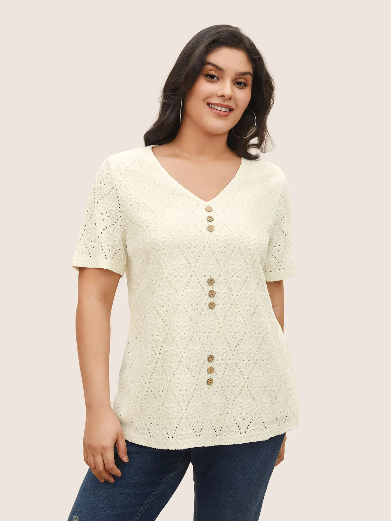 Solid Plisse V Neck Button Detail T-shirt sold by Bloomchic