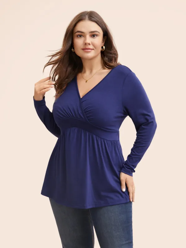 Solid Overlap Collar Gathered T-shirt sold by Bloomchic