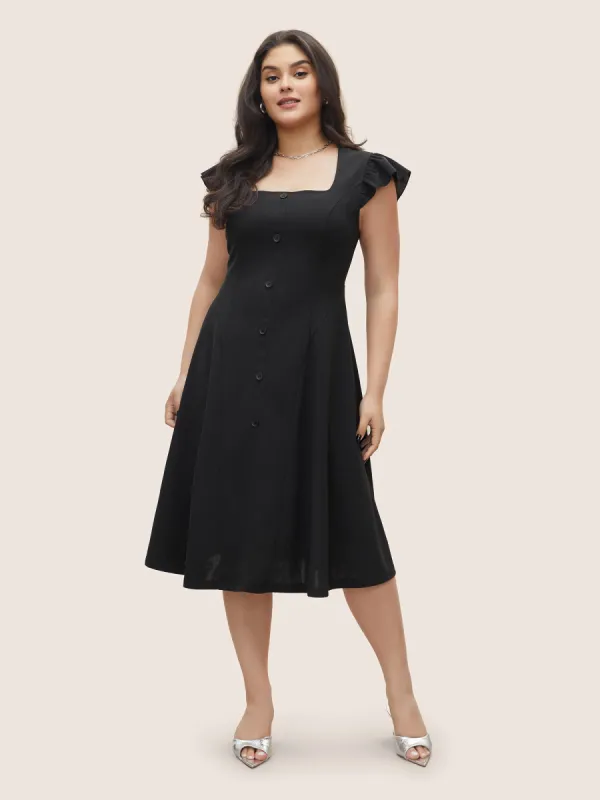 Solid Ruffle Cap Sleeve Button Detail Dress sold by Bloomchic