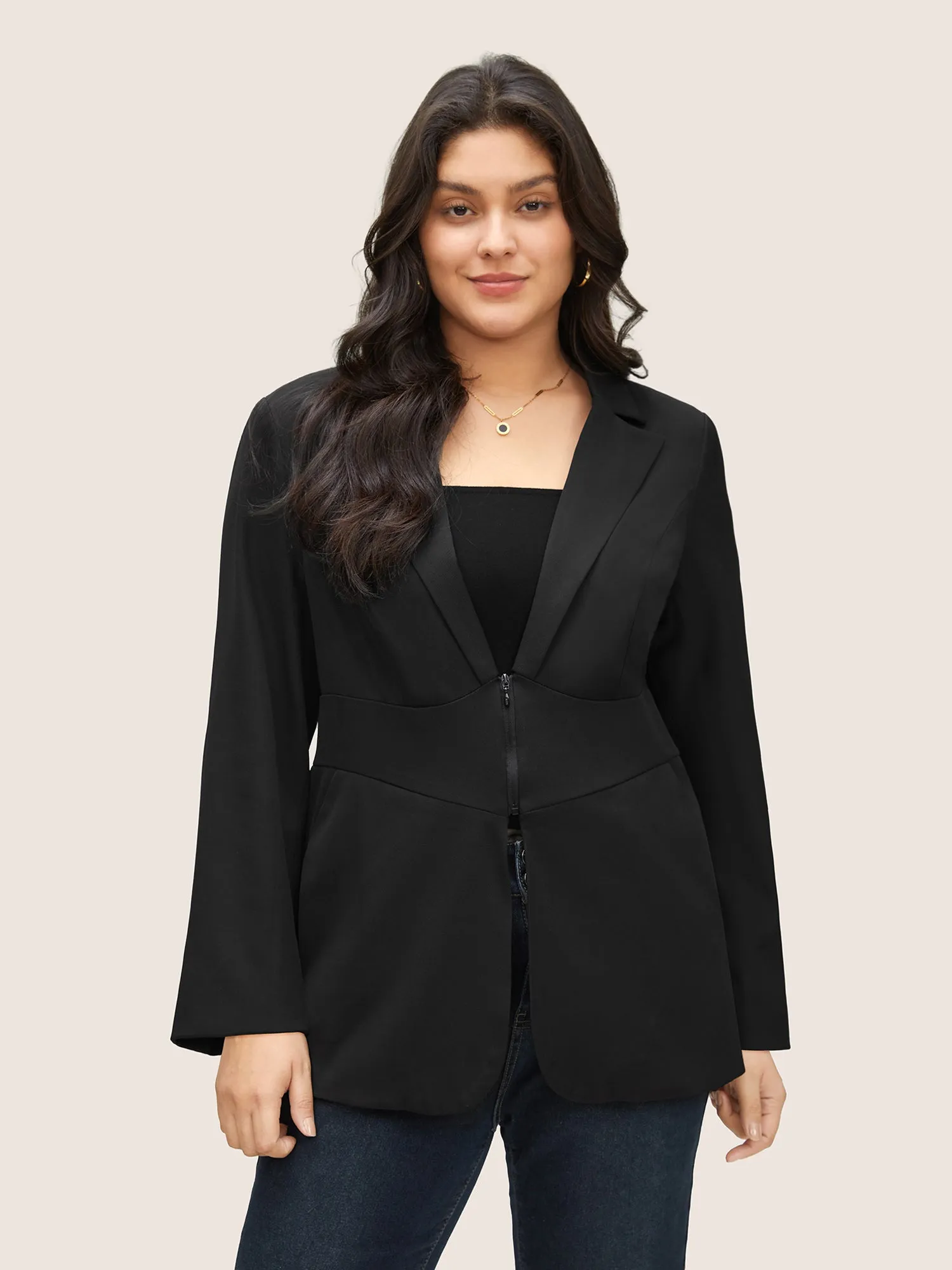 Plain Suit Collar Tummy Control Half Zip Blazer sold by Bloomchic