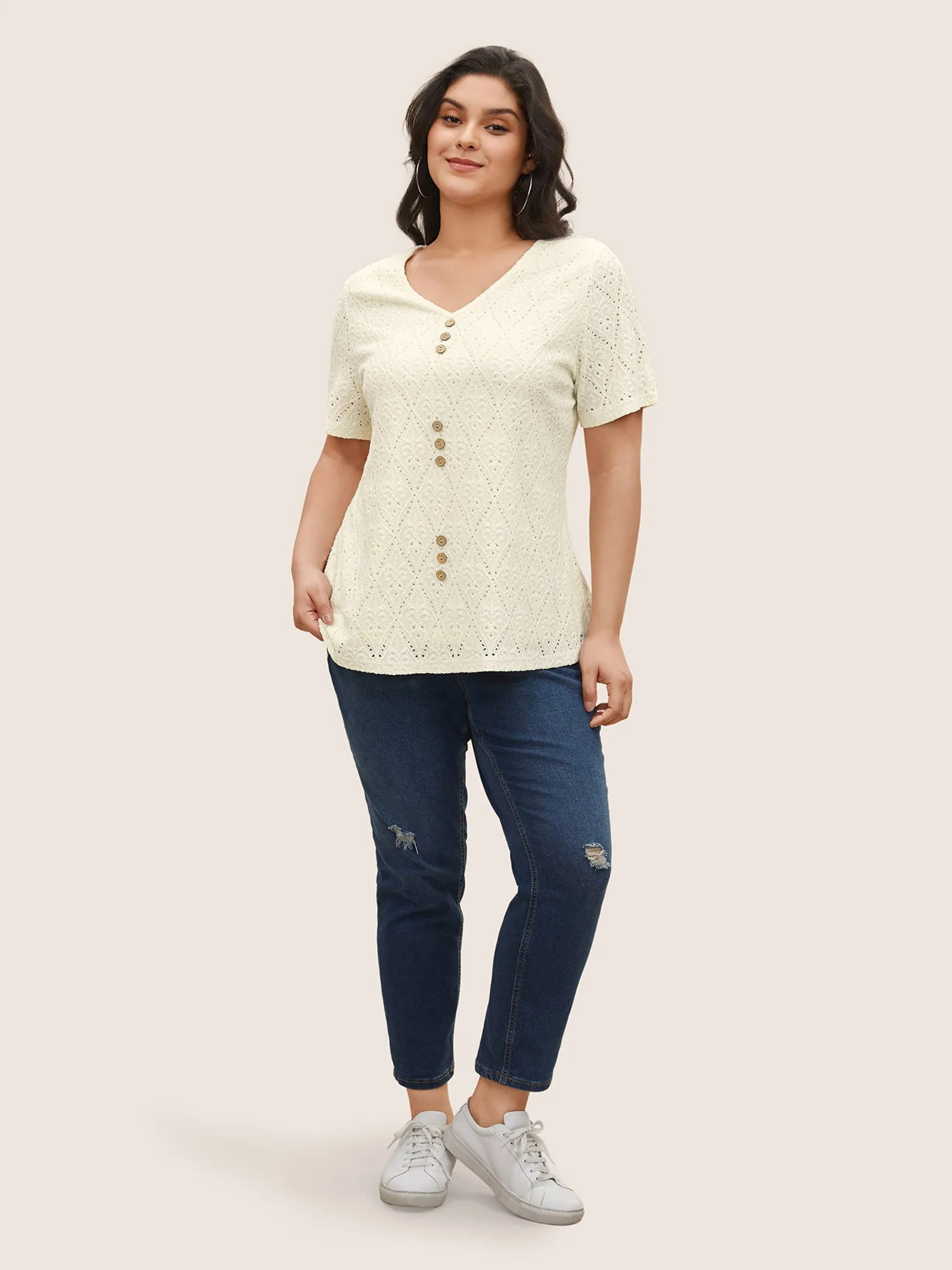Solid Plisse V Neck Button Detail T-shirt sold by Bloomchic product image thumbnail 3