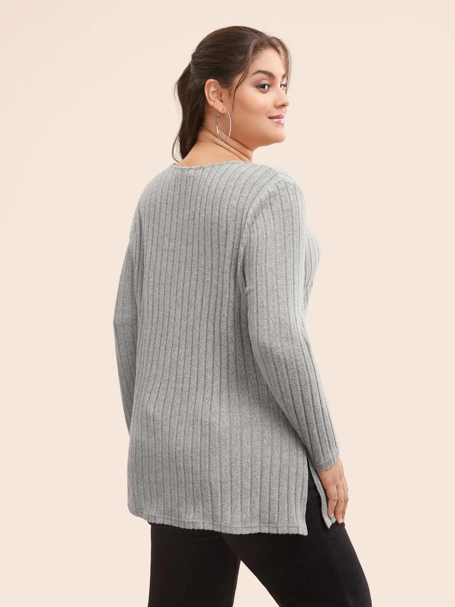 Plain Textured Pit Strip Split Hem T-shirt sold by Bloomchic product image thumbnail 3