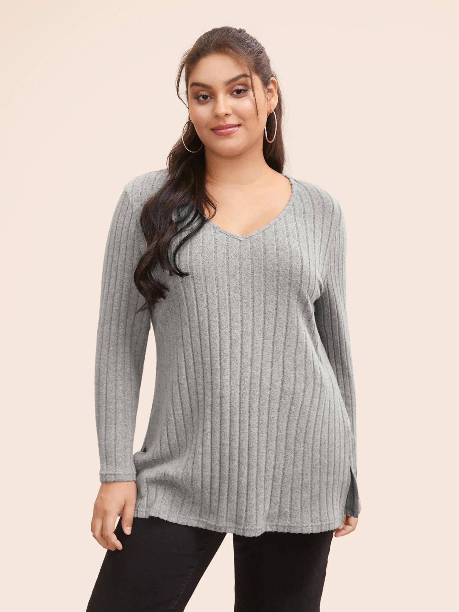 Plain Textured Pit Strip Split Hem T-shirt sold by Bloomchic product image thumbnail 2