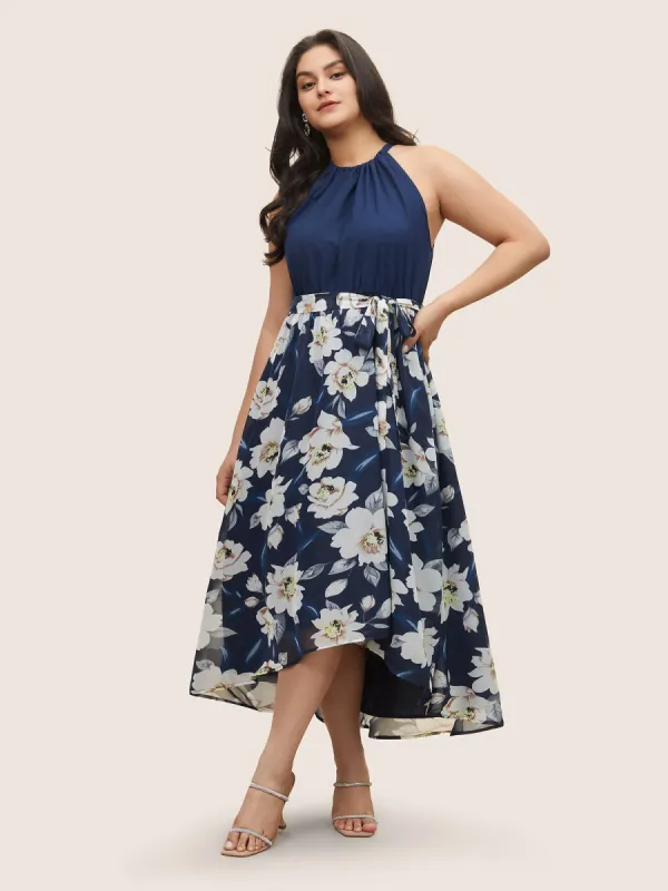 Floral Patchwork Halter Ties High Low Hem Dress sold by Bloomchic