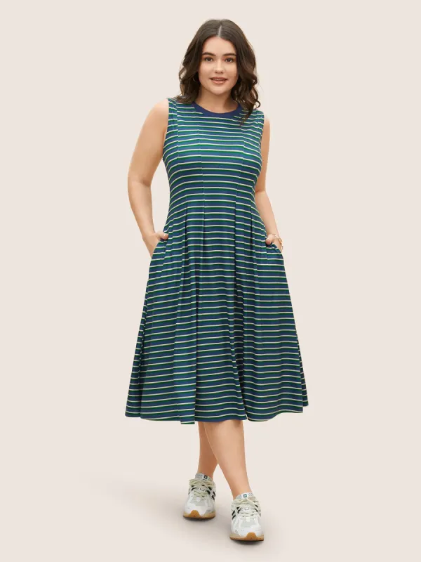 Contrast Striped Pleated Pocket Tank Dress sold by Bloomchic