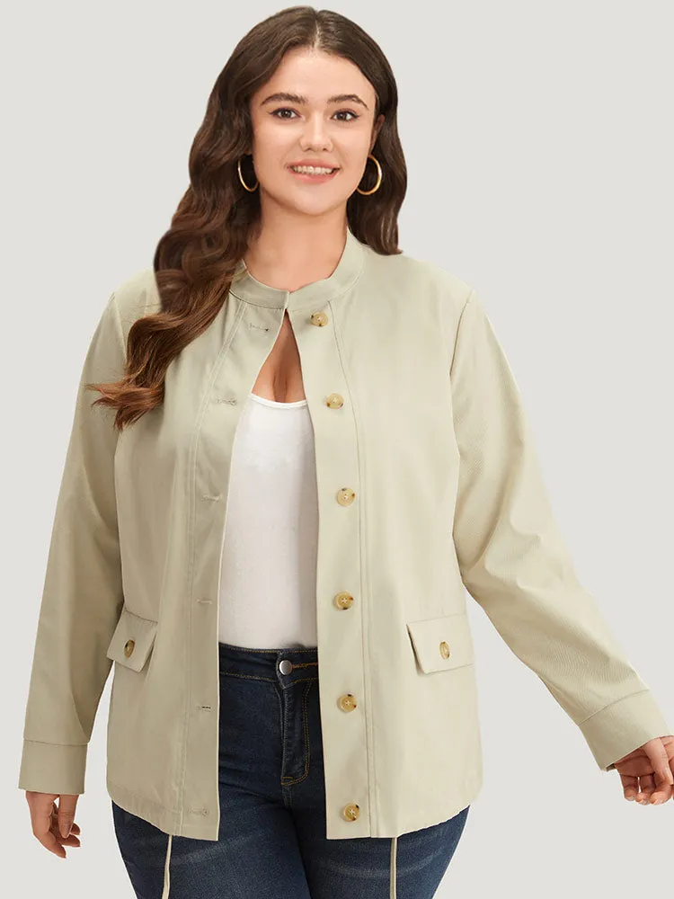 Solid Stand Collar Drawstring Flap Pocket Jacket sold by Bloomchic