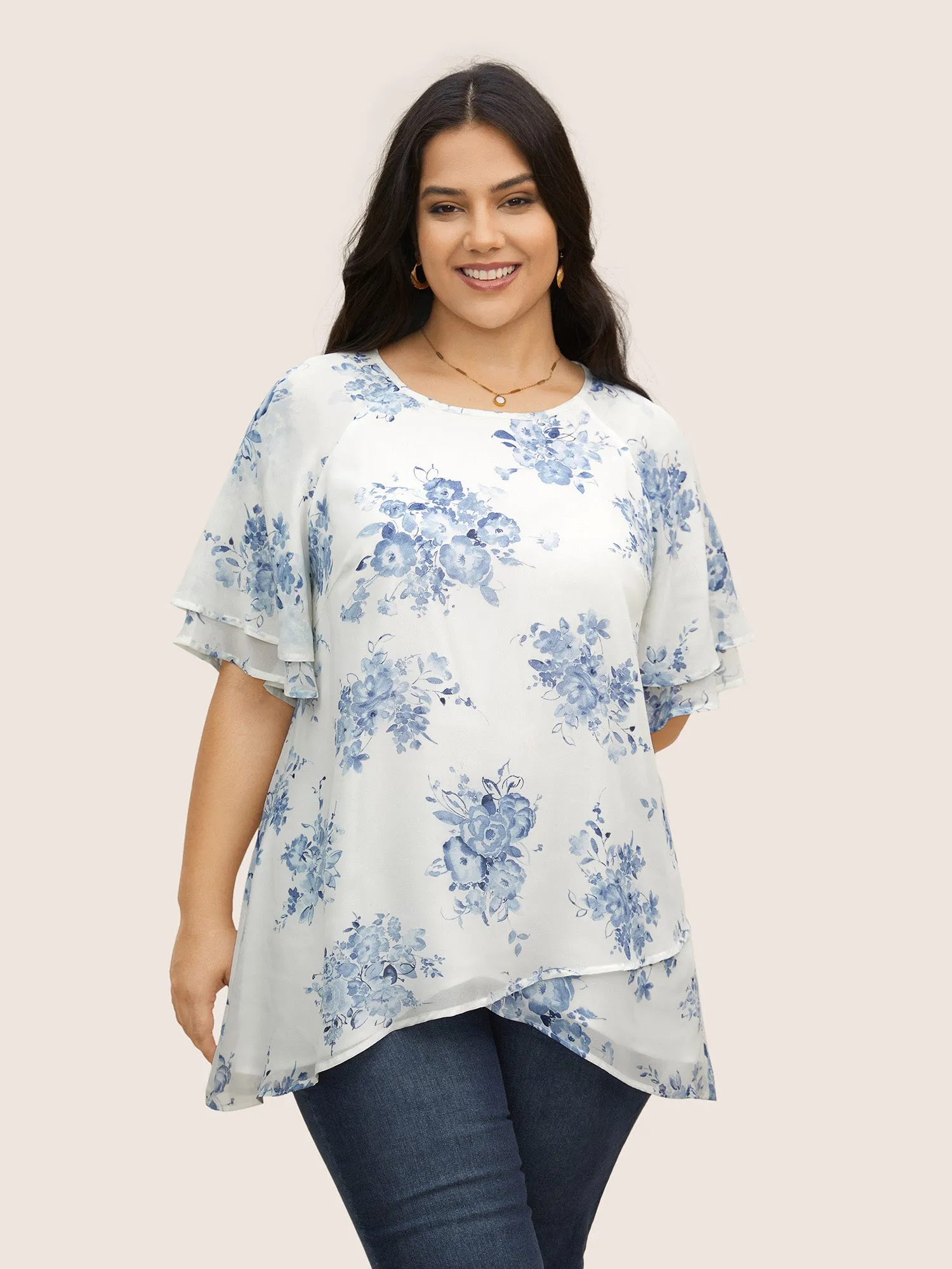 Chiffon Floral Tiered Ruffles Raglan Sleeve Blouse sold by Bloomchic