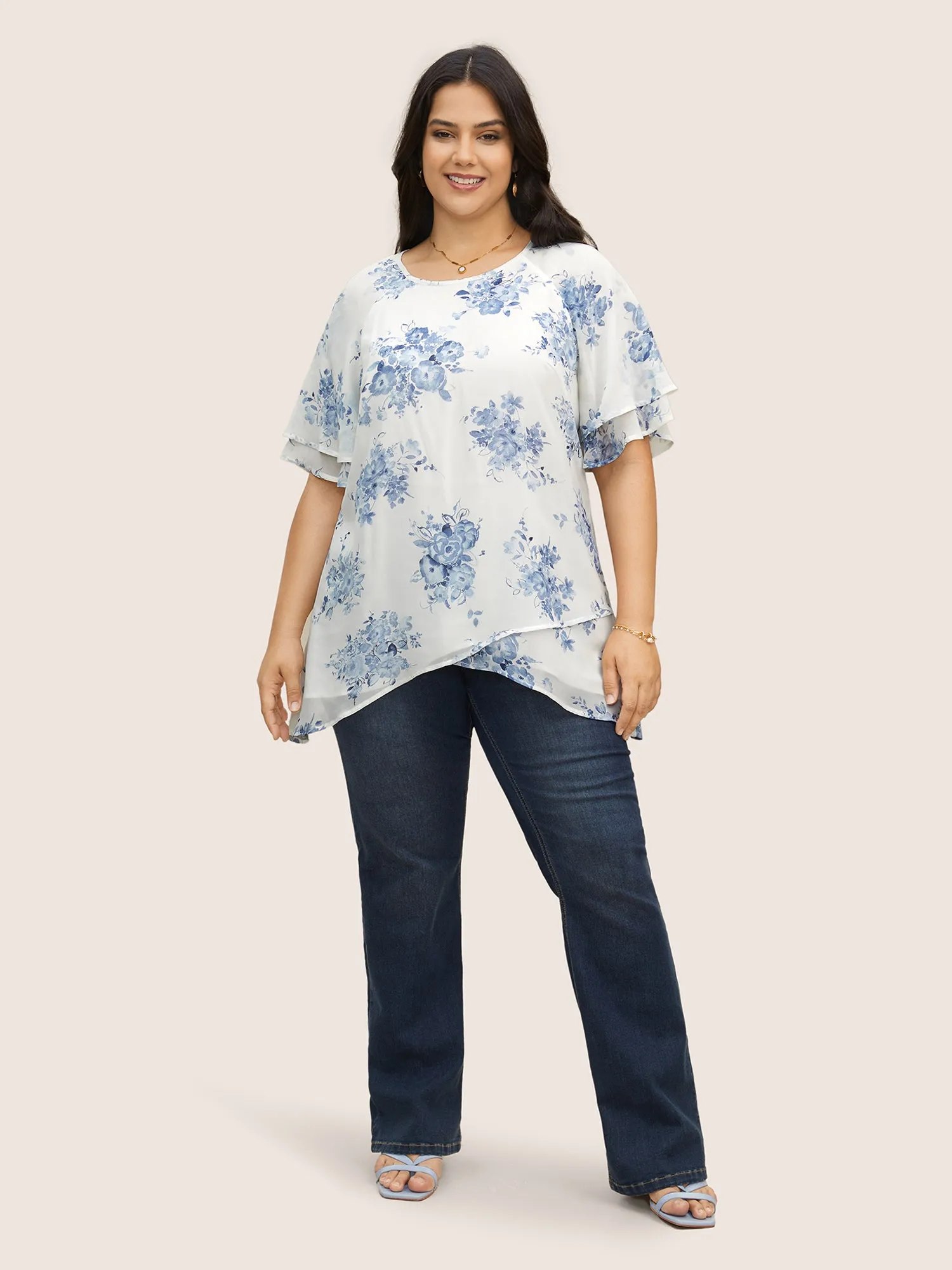 Chiffon Floral Tiered Ruffles Raglan Sleeve Blouse sold by Bloomchic product image thumbnail 2