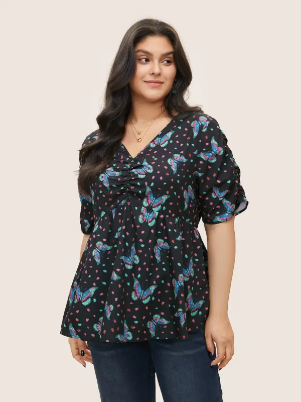 Butterfly Print Ruched Elastic Waist Blouse sold by Bloomchic