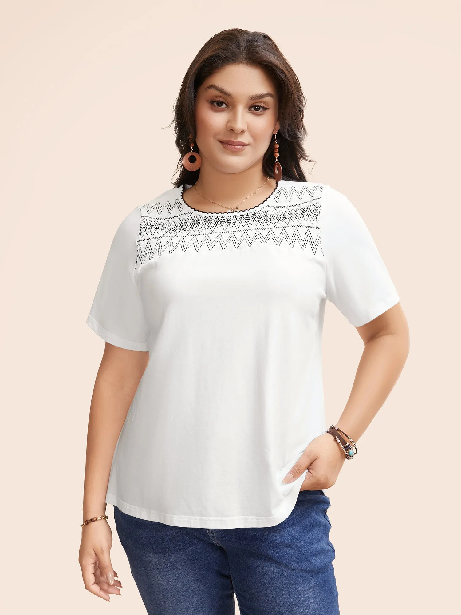 Round Neck Embroidered Shirred T-shirt sold by Bloomchic