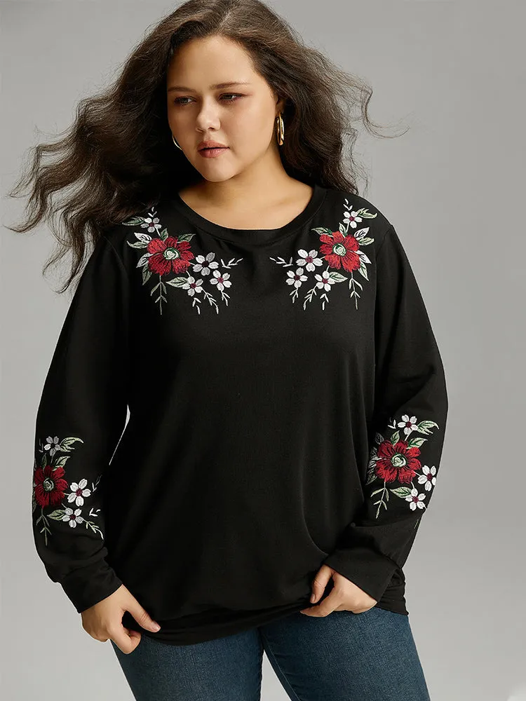 Floral Embroidered Crew Neck Sweatshirt sold by Bloomchic