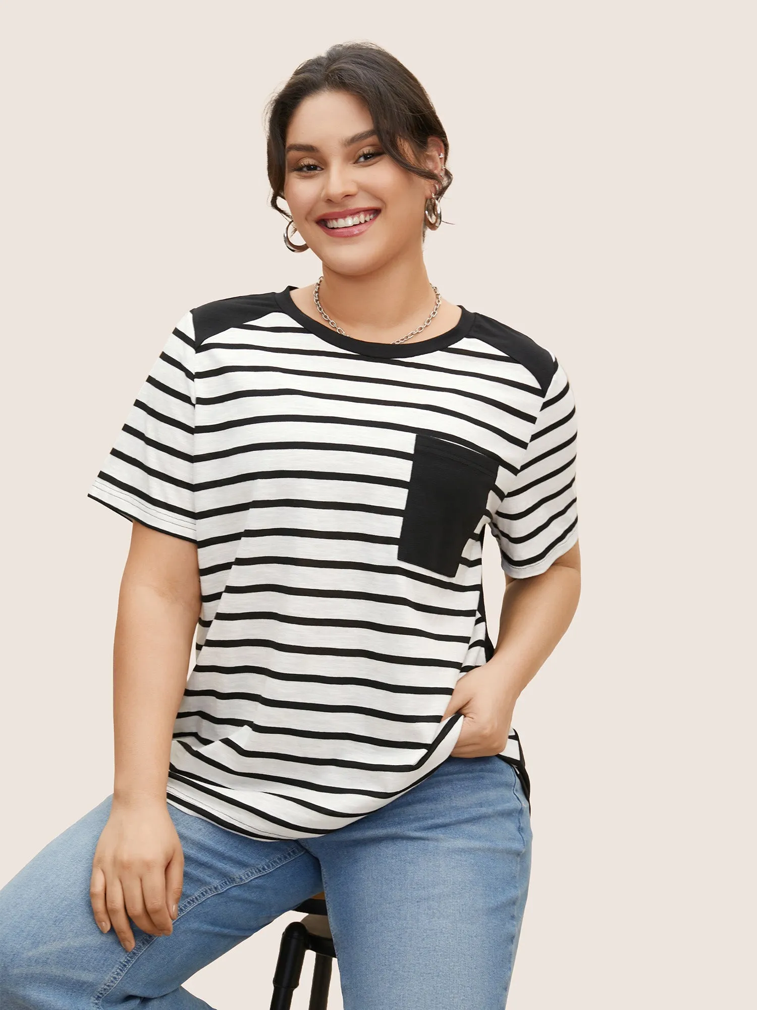 Round Neck Striped Patchwork Patched Pocket T-shirt sold by Bloomchic
