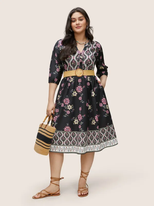 Boho Print Patchwork Notched Lantern Sleeve Dress sold by Bloomchic