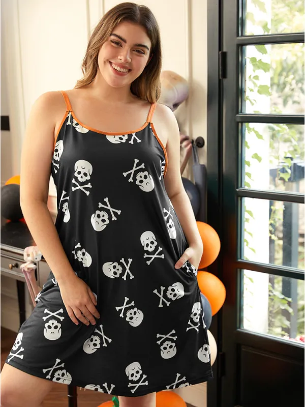 Halloween Skull Print Pocket Cami Sleep Dress sold by Bloomchic