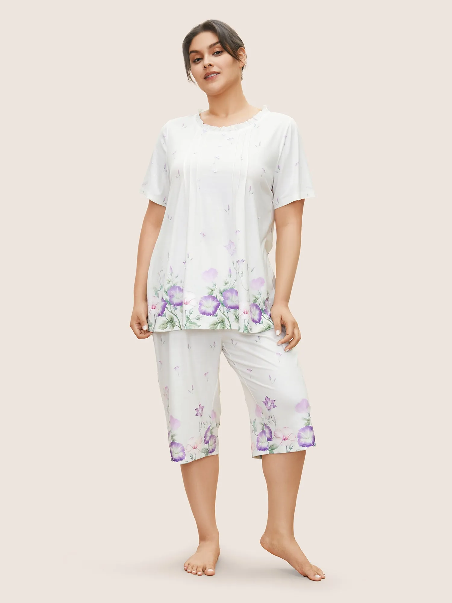 Floral Pleated Button Detail Loungewear Set sold by Bloomchic
