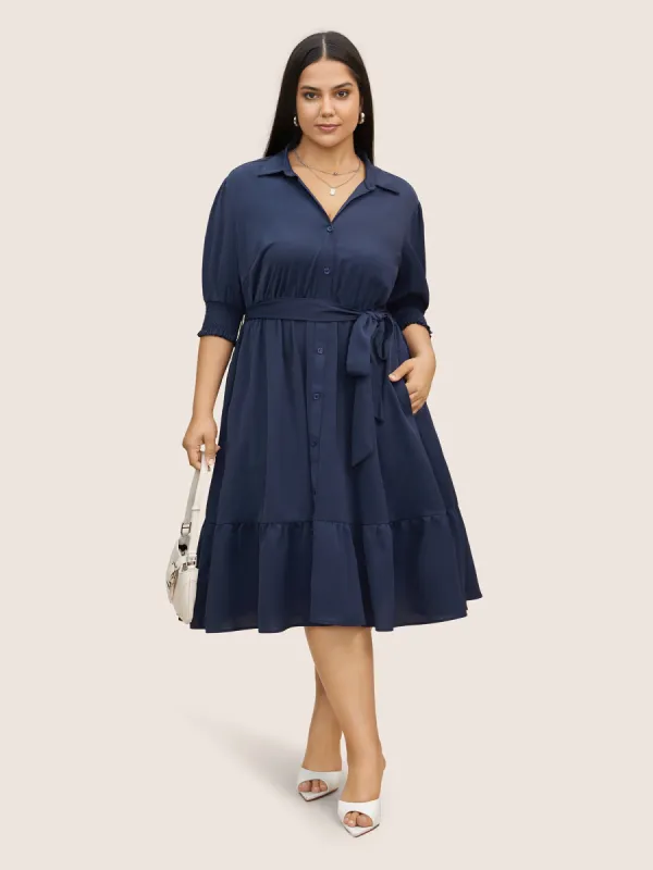 Shirt Collar Shirred Button Up Dress sold by Bloomchic