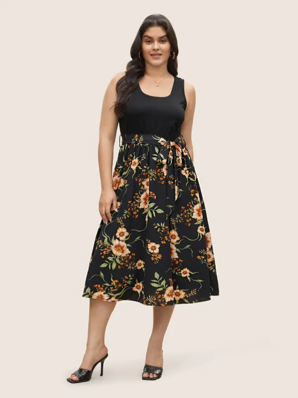 Floral Patchwork Pocket Elastic Waist Sleeveless Dress sold by Bloomchic