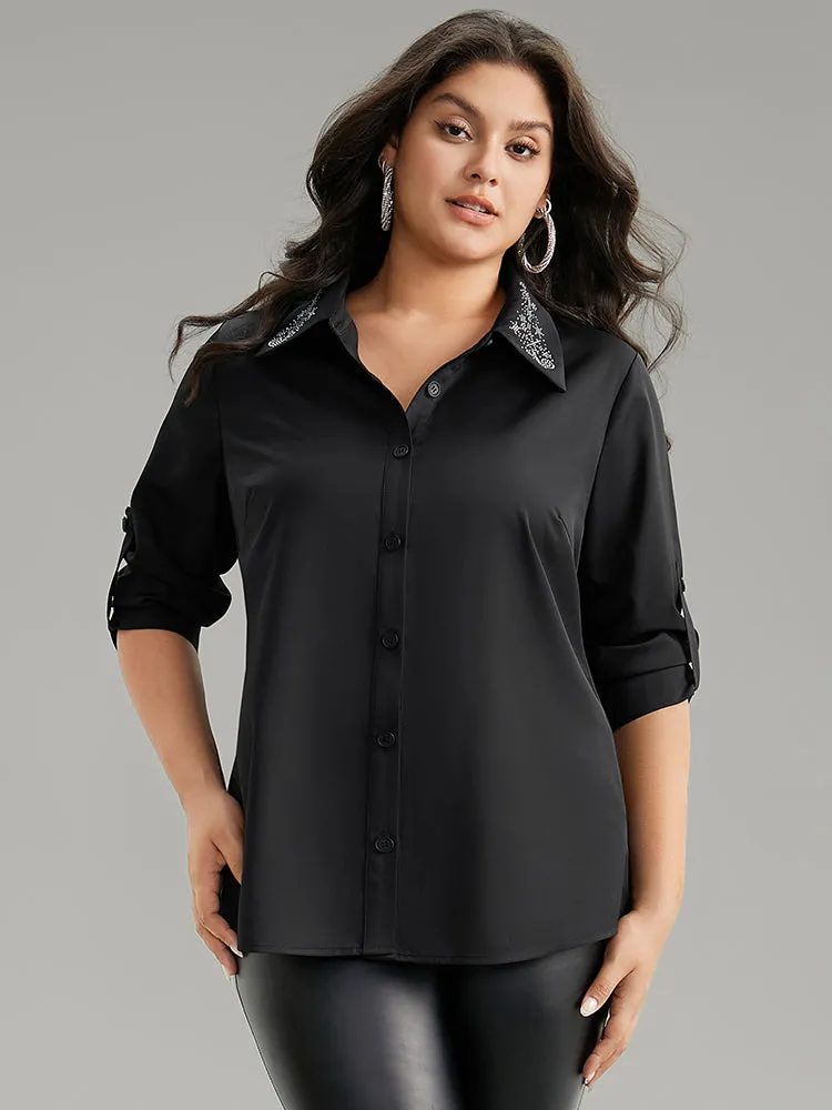 Rhinestone Button Up Tab Sleeve Blouse sold by Bloomchic