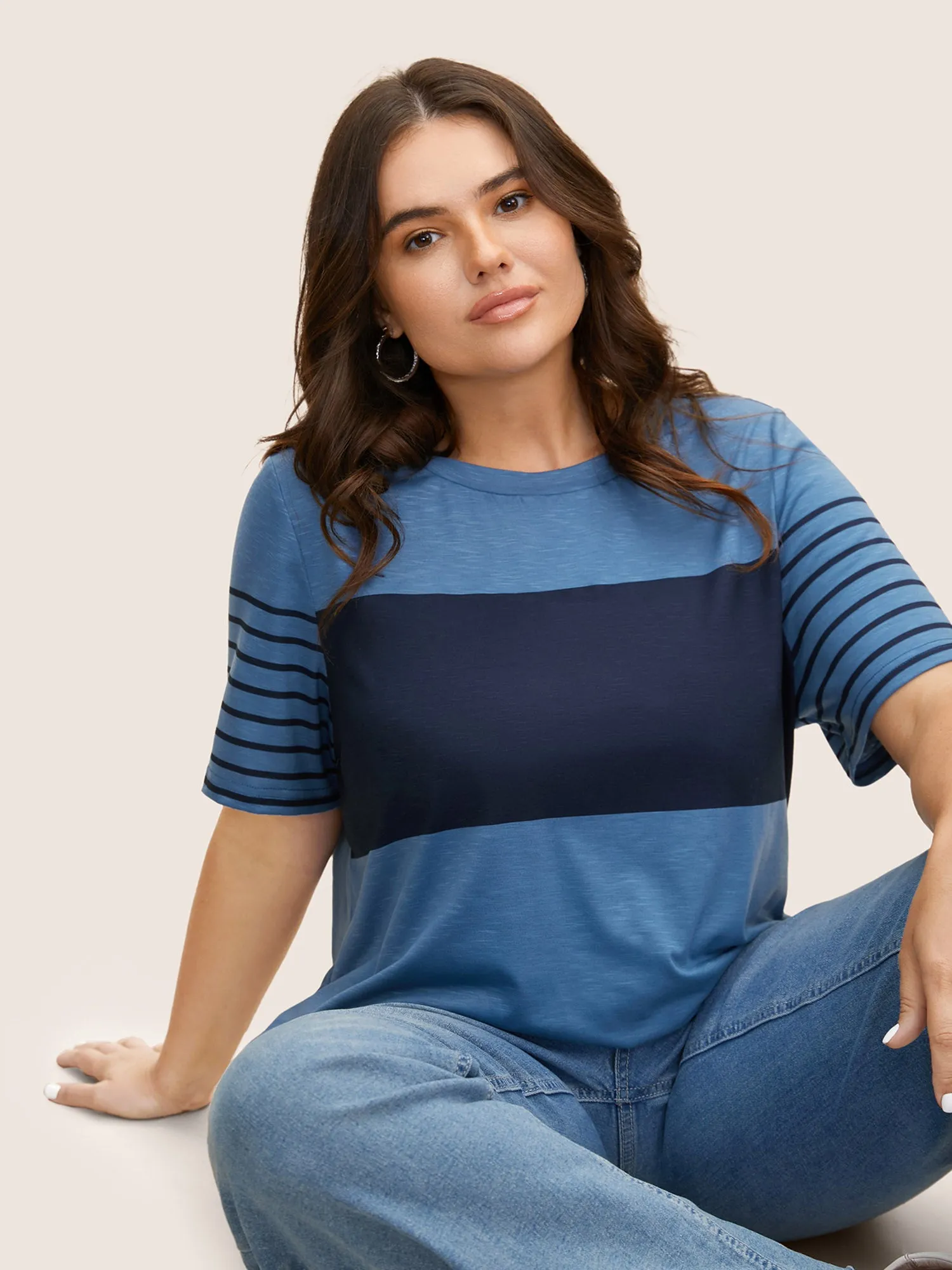 Crew Neck Striped Patchwork Contrast T-shirt sold by Bloomchic product image thumbnail 2