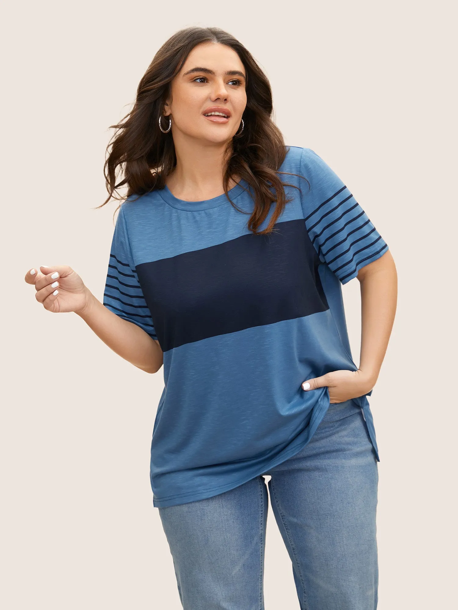 Crew Neck Striped Patchwork Contrast T-shirt sold by Bloomchic