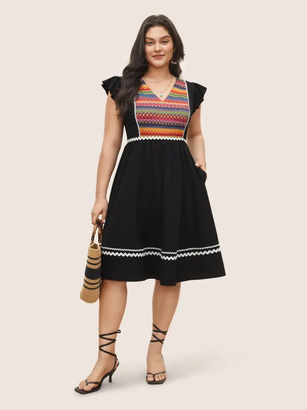 Color Embroidered Patchwork Flounce Sleeve Dress sold by Bloomchic