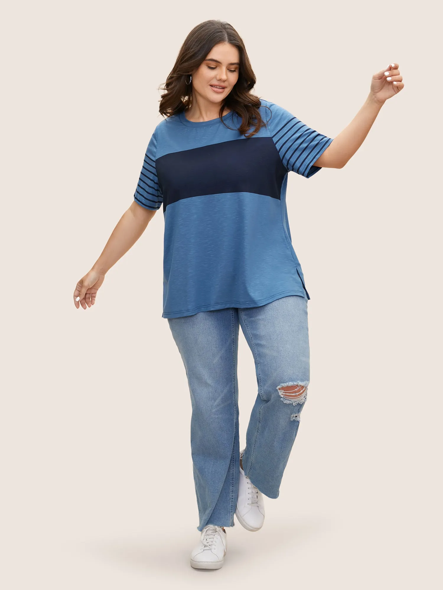 Crew Neck Striped Patchwork Contrast T-shirt sold by Bloomchic product image thumbnail 3