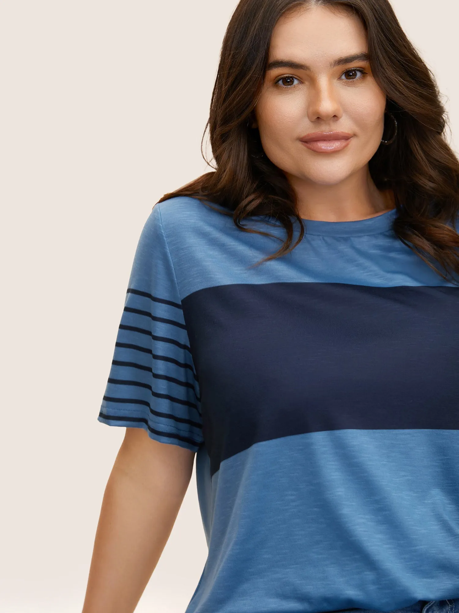 Crew Neck Striped Patchwork Contrast T-shirt sold by Bloomchic product image thumbnail 4