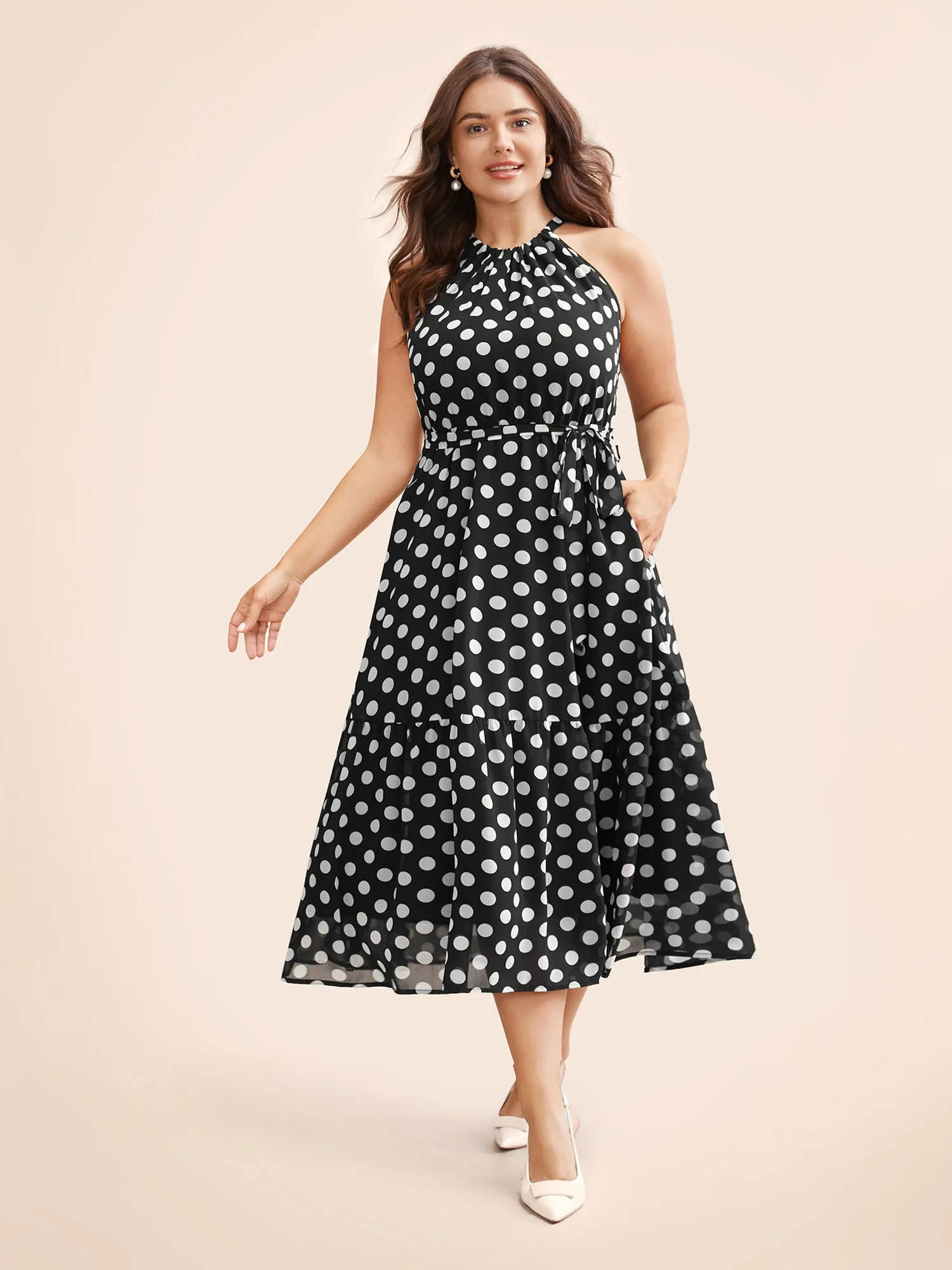 Halter Polka Dot Ruffle Hem Belted Dress sold by Bloomchic