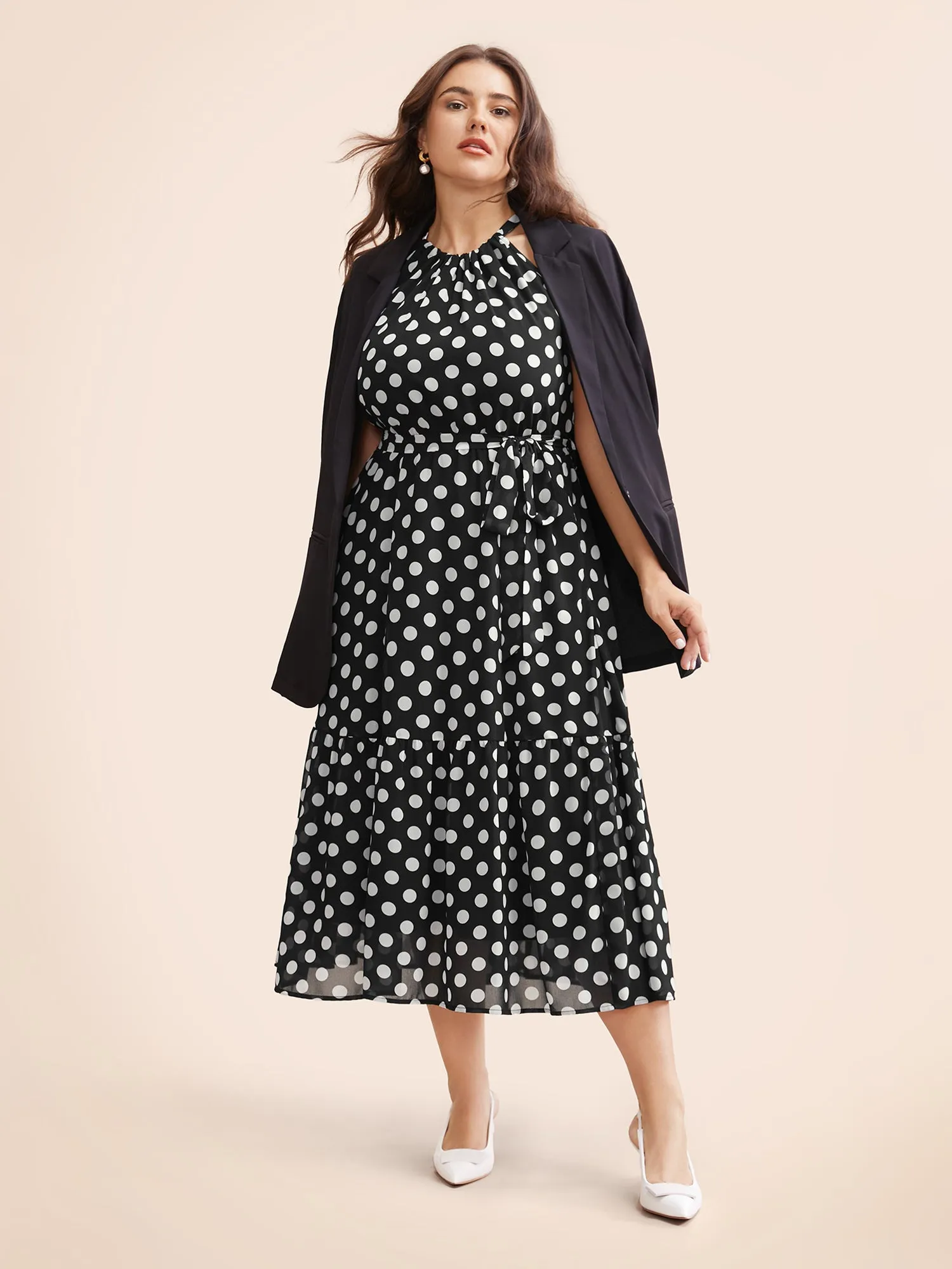 Halter Polka Dot Ruffle Hem Belted Dress sold by Bloomchic product image thumbnail 2