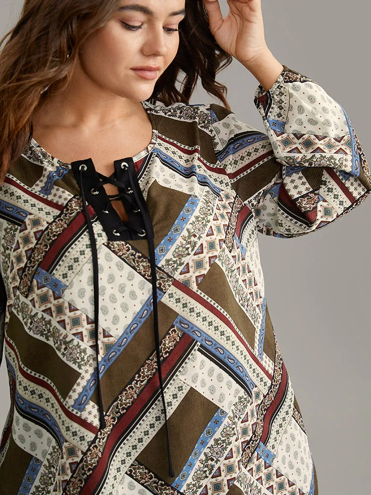 Moroccan Print Lace Up Lantern Sleeve Blouse sold by Bloomchic product image thumbnail 5