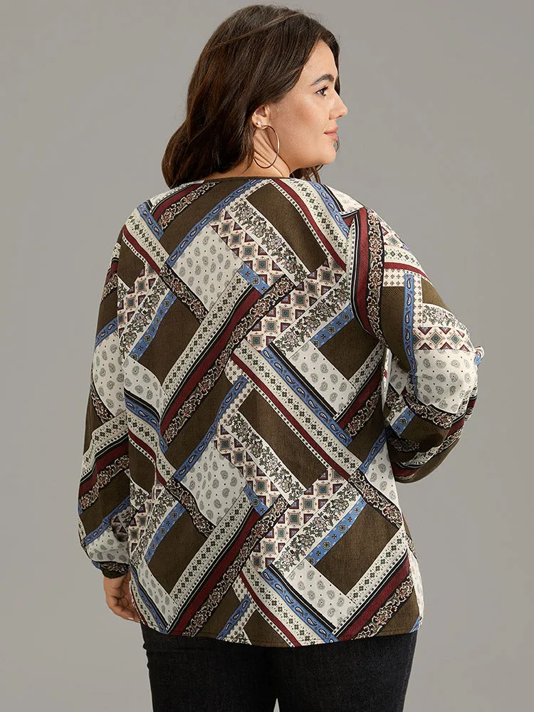 Moroccan Print Lace Up Lantern Sleeve Blouse sold by Bloomchic product image thumbnail 3