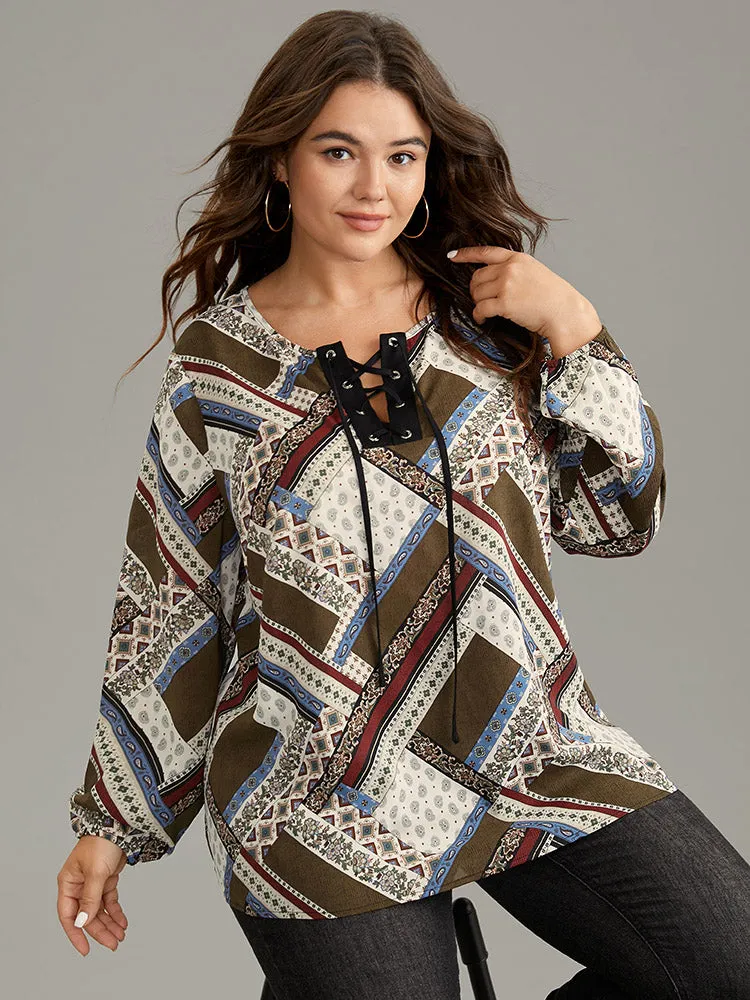 Moroccan Print Lace Up Lantern Sleeve Blouse sold by Bloomchic product image thumbnail 2