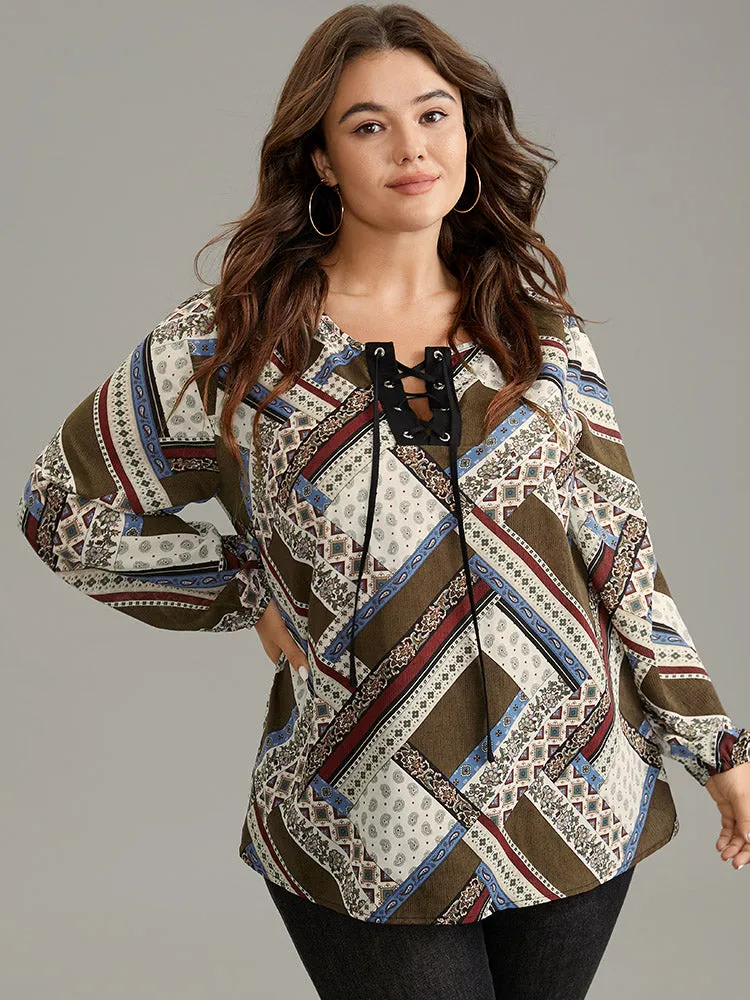 Moroccan Print Lace Up Lantern Sleeve Blouse sold by Bloomchic