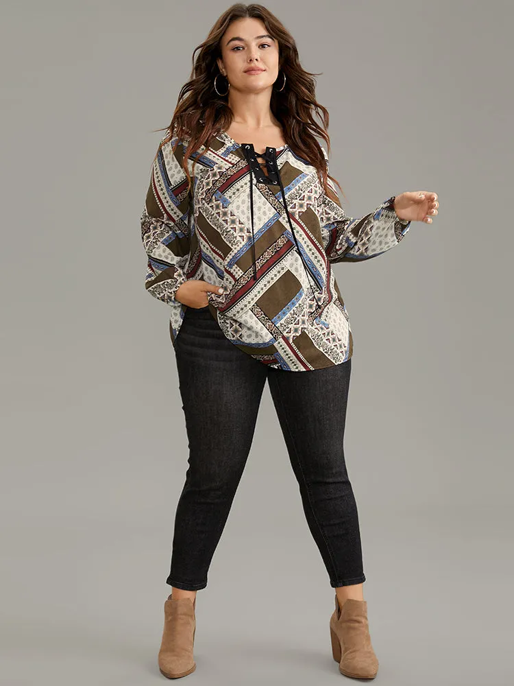Moroccan Print Lace Up Lantern Sleeve Blouse sold by Bloomchic product image thumbnail 4