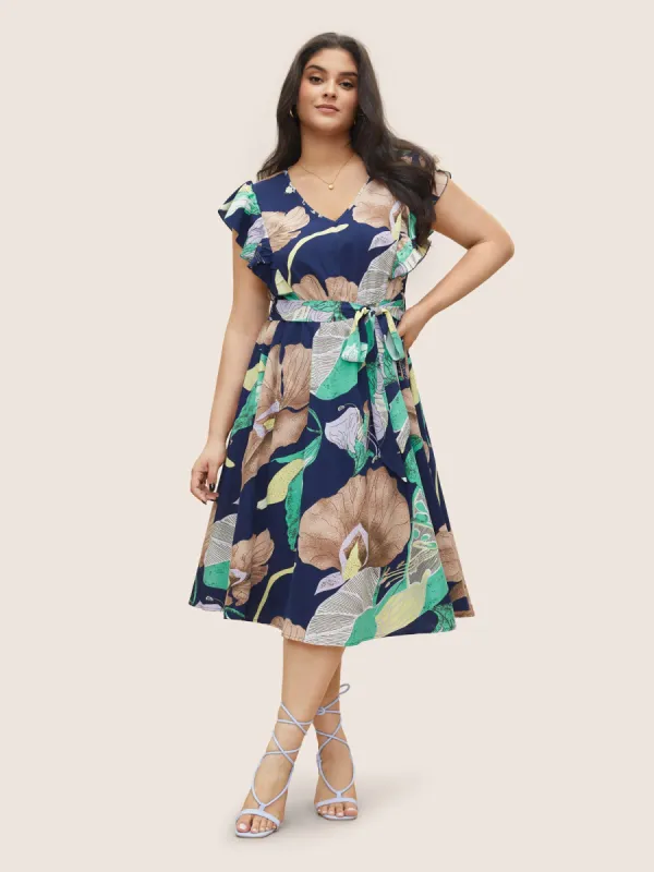 Floral Print Flutter Sleeve Belted Midi Dress sold by Bloomchic