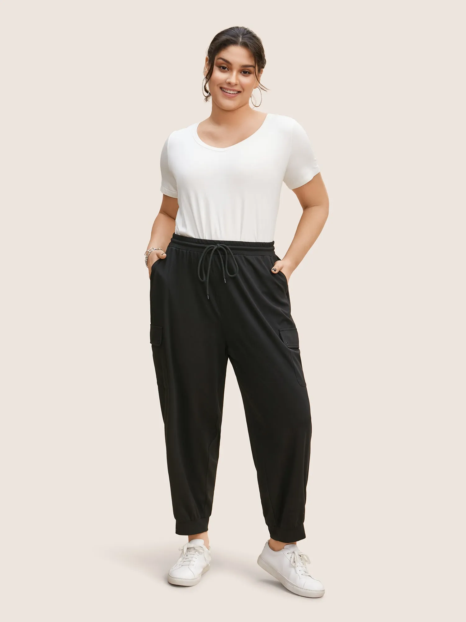 Drawstring Elastic Waist Flap Pocket Carrot Pants sold by Bloomchic product image thumbnail 3