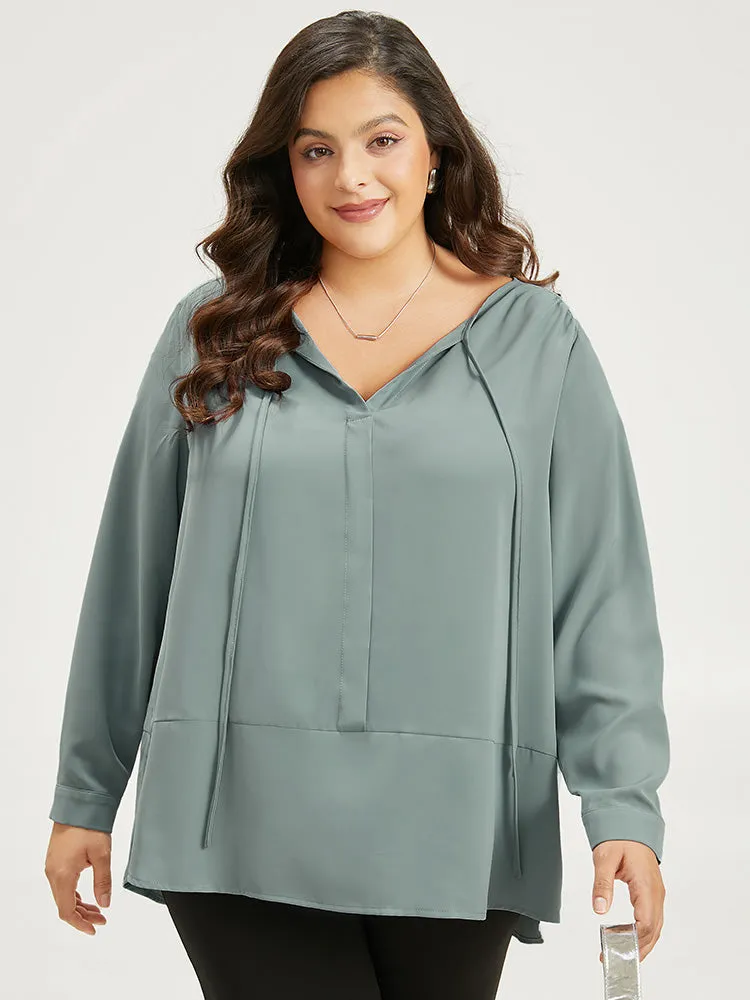 Solid Tie Neck Gathered Blouse sold by Bloomchic