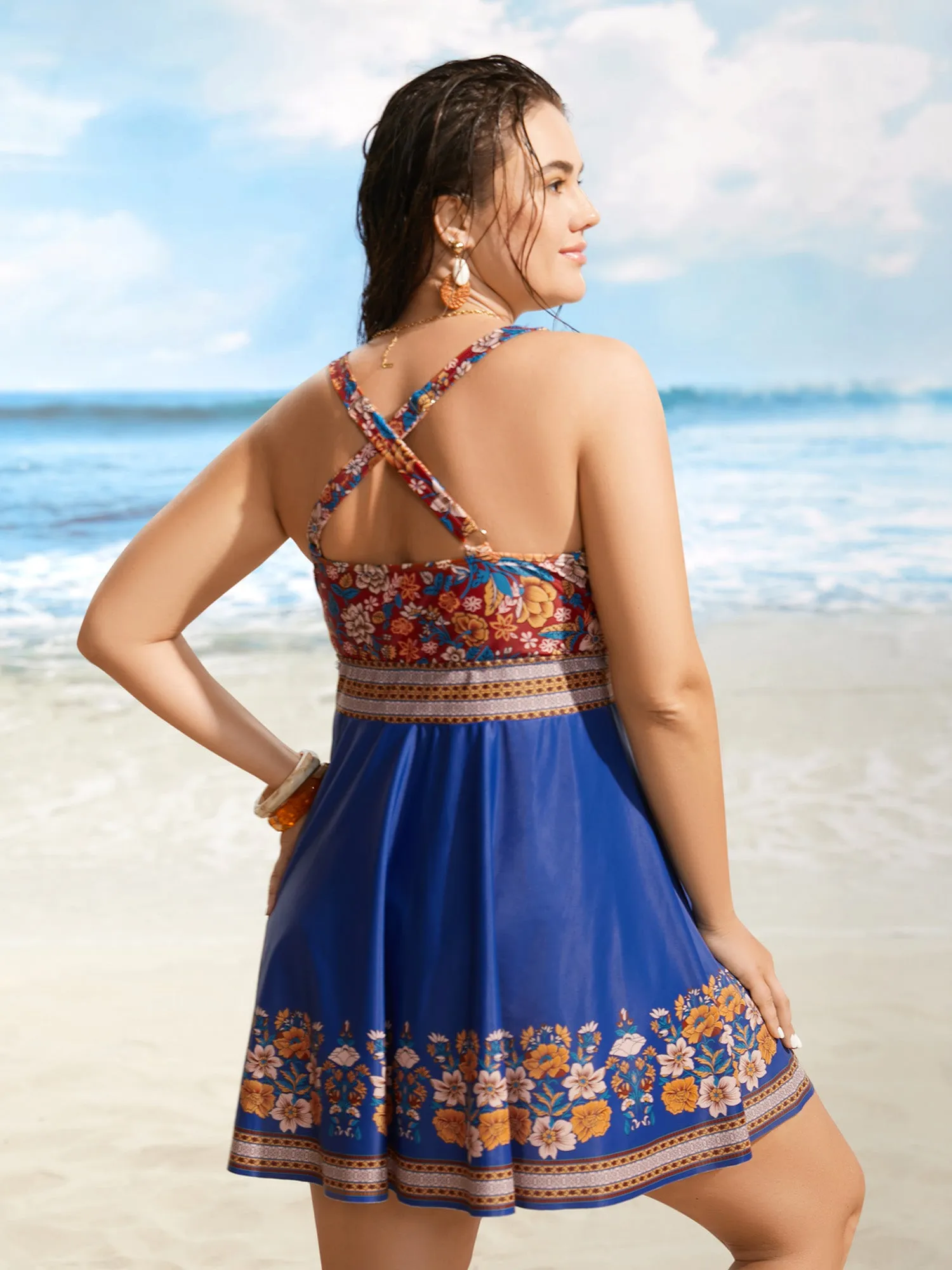 Boho Print Overlap Collar Gathered Swim Dress sold by Bloomchic product image thumbnail 2